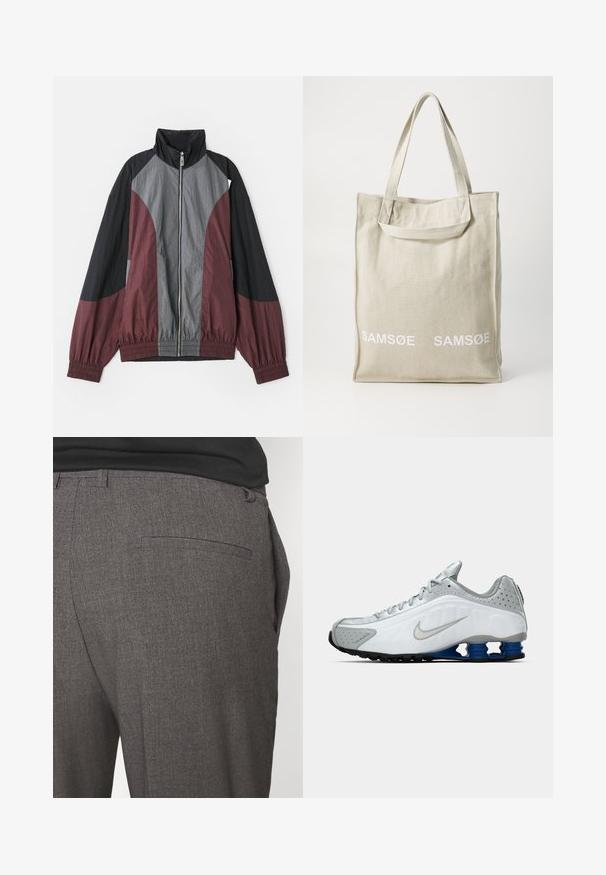 Farbblockierte Jacke mit kastanienroten, schwarzen und grauen Paneelen. Leichter Stoff, hoher Kragen und elastische Bündchen mit einem durchgehenden Reißverschluss vorn.; Ein schlichtes, weißes Langarm-T-Shirt mit Rundhalsausschnitt und einem grünen Etikett am Kragen, flach auf einem weißen Hintergrund ausgelegt.; Graue maßgeschneiderte Hose mit glatter Textur, ausgestattet mit einer einzigen hinteren Tasche und einem schlanken Schnitt. Der Stoff hat ein dezentes Muster.; Weißer und grauer Nike-Laufschuh mit silberner Swoosh, blauen federartigen Sohlen und schwarzem Profil auf einem schlichten Hintergrund.; Leichte, beigefarbene Canvas-Tasche mit doppelten Griffen, die auf der Vorderseite das in Weiß gedruckte "SAMSOE"-Logo trägt. Rechteckige Form mit simplem Design.