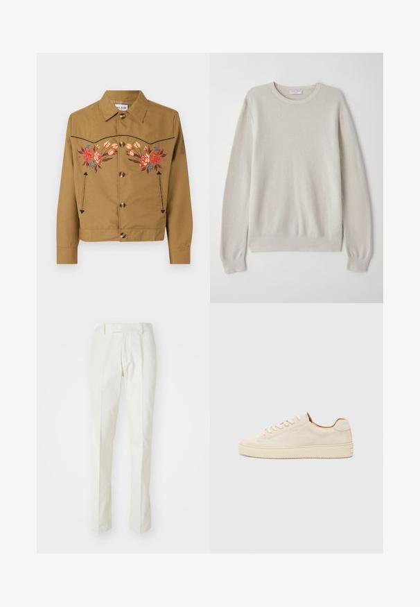 Brązowa bawełniana kurtka z kwiatowym haftem w kolorze różowym, czerwonym i niebieskim. Posiada kołnierzyk, zapięcie na guziki oraz dwie boczne kieszenie.; Jasno beżowy sweter wykonany z miękkiej dzianiny. Okrągły dekolt, długie rękawy, ściągacze u rękawów i na dole z subtelnym detalem teksturalnym.; Białe spodnie wykonane z bawełny, z prostym krojem nogawek, płaskim przodem i bez widocznych wzorów czy elementów metalowych. Gładka faktura.; Beżowe zamszowe trampki o niskim profilu, okrągłym nosku, płaskich sznurówkach i teksturowanej gumowej podeszwie. Minimalistyczny styl bez widocznych logo.