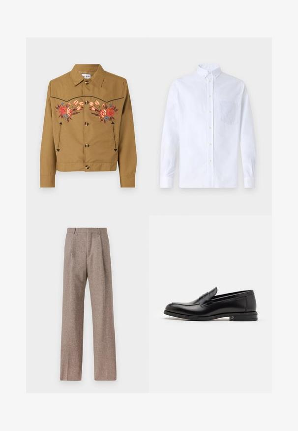 Giacca in cotone marrone con ricami floreali in rosa, rosso e blu. Caratterizzata da un colletto, chiusura con bottoni e due tasche laterali.; Camicia bianca a maniche lunghe con bottoni, realizzata in cotone, caratterizzata da una tasca sul petto con ricamo tonale, colletto e polsini con bottoni.; Pantaloni marroni a vita alta realizzati in tessuto testurizzato. Presentano gambe ampie e due pieghe frontali per struttura. Rifinitura curata senza hardware visibile.; Mocassini neri in pelle con una texture liscia, punta arrotondata e una striscia decorativa sulla tomaia. Tacco basso impilato, design minimalista.