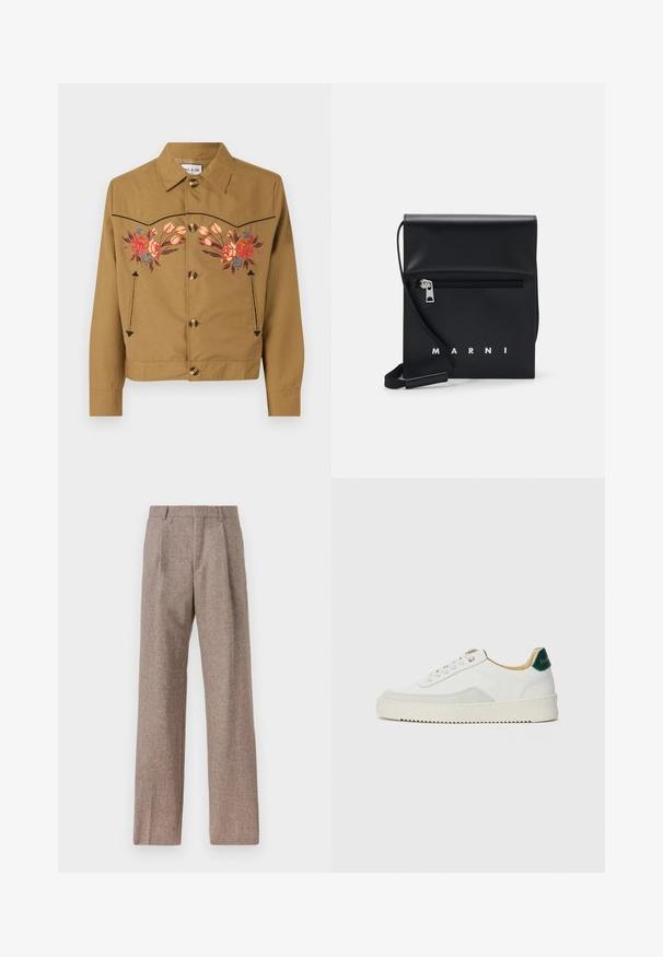 Brun bomuldsjakke med blomsterbroderi i pink, rød og blå. Har krave, knaplukning foran og to sidelommer.; Hvid langærmet skjorte med knapper lavet af bomuld, med en brystlomme med tonal broderi, krave og knapmanchetter.; Brune, højtaljede bukser lavet af tekstureret stof. Har brede ben og to frontfoldninger for struktur. Pæn finish uden synlig hardware.; Hvide sneakers med ruskindsdetaljer, rund tå, flade snørebånd og en cremet gummisål. Har grøn branding på hælen.; Sort læder crossbody taske med en lynlåslomme foran, præget logo og justerbar rem. Glat tekstur med en struktureret form.