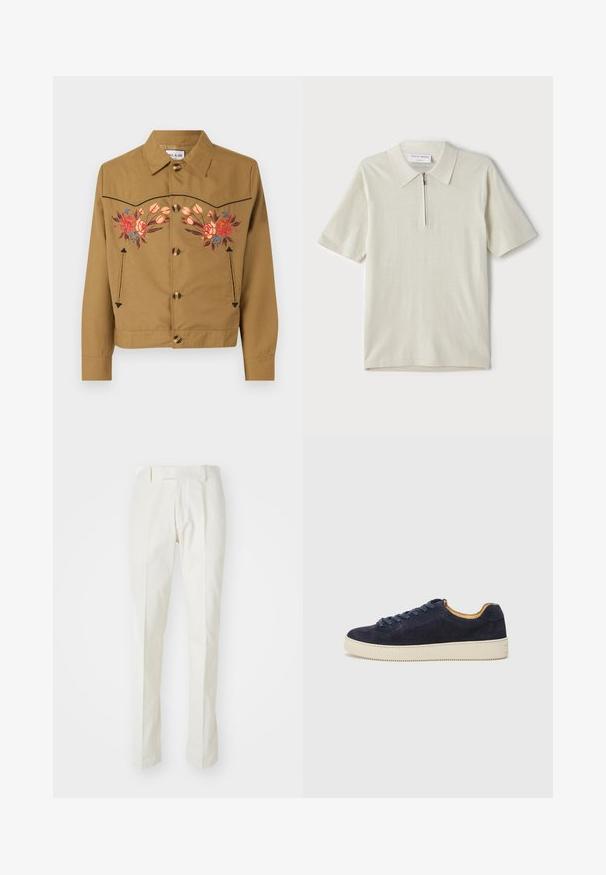 Barna pamut dzseki virágmintával rózsaszín, piros és kék színekkel. Galléros nyakkal, gombos elülső résszel és két oldalsó zsebbel rendelkezik.; Rövid ujjú, világosbézs pólóing, cipzáras gallérral. Simás anyagból készült, egyszerű, modern dizájnnal, minta nélkül.; Fehér, pamut anyagú nadrág, egyenes szabással, lapos elülső résszel, és nincs rajta látható minta vagy fém kiegészítő. Simaszövet.; Tengerészeti suède alacsony szárú sportcipő kerek orral, törtfehér gumitalppal és hozzá illő fűzőszerkezet; kontrasztos barna belső béléssel rendelkezik.