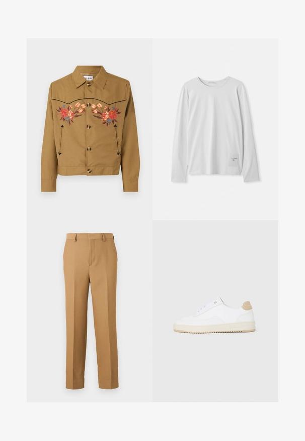 Brūna kokvilnas jaka ar ziedu izšuvumiem rozā, sarkanā un zilā krāsā. Iezīmēta ar apkakli, pogu priekšpusi un divām sānu kabatām.; Balts ilgām piedurknēm T-krekls, izgatavots no mīkstas kokvilnas. Tam ir apaļa kakla izgriezuma forma un neliela zīmola etiķete apakšējā kreisajā pusē.; Bēšas krāsas bikses noaustā audumā, ar taisnu griezumu, plakanu priekšu un jostas cilpām. Gluda tekstūra bez redzamām rakstām.; Baltās zemas kedas ar faktūru ādas virsu, krēmkrāsas rievojamu zoli un brūnu pacēlumu uz papēža. Iekļauj baltas auklas un logo detaļu uz papēža.