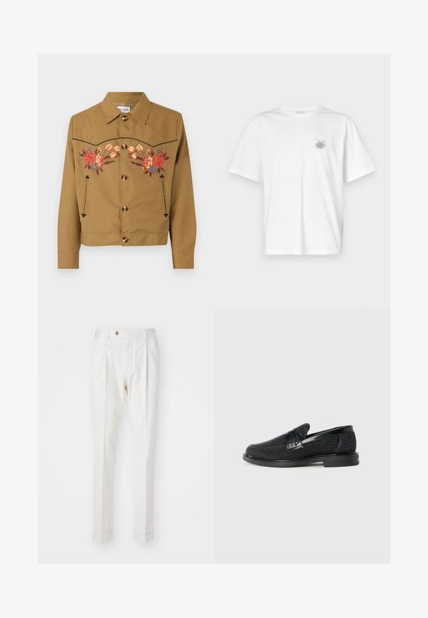 Braune Baumwolljacke mit floralen Stickereien in Pink, Rot und Blau. Verfügt über einen Kragen, eine Knopfleiste und zwei seitliche Taschen.; Weißes T-Shirt aus Baumwolle mit kurzen Ärmeln, Rundhalsausschnitt und kleinem grauen Logo auf der linken Brustseite. Glatte Textur.; Weiße, maßgeschneiderte Hosen mit flachem Bund, zwei Falten und umgeschlagenen Säumen. Hergestellt aus einem glatten Stoff mit einem Knopfverschluss an der Taille.; Schwarzer geflochtener Slipper mit einem glatten Lederakzent im Obermaterial, einem runden Zehendesign und einer flachen Gummisohle.