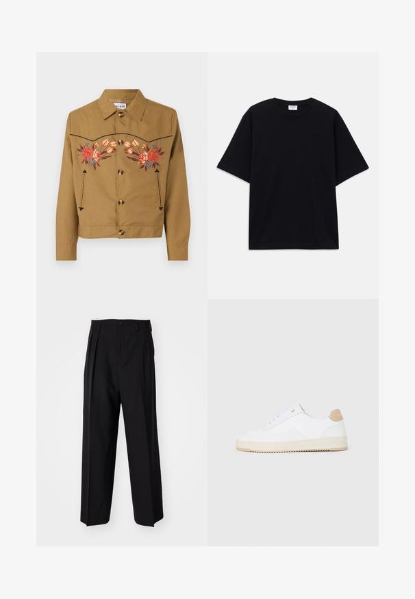 Rudas medvilnės švarkas su gėlių siuvinėjimu rožine, raudona ir mėlyna spalvomis. Turi apykaklę, mygtukų uždarymą ir dvi šonines kišenes.; Juodas trumpas rankovėmis per didelis marškinėliai su apvaliu iškirpimu ir matoma Filippa K prekės ženklo etiketė vidinėje apykaklės pusėje.; Juodi klostuoti kelnių, su tiesiu, plačiu kojų dizainu. Pagaminti iš lygios medžiagos, su mygtukų uždarymu ir diržo kilputėmis.; Baltos žemos sportbačiai su tekstūruota odine viršutinė dalimi, kreminė banguota priekiu ir ruda kulno akcentu. Yra baltos raištelės ir logotipas ant kulno.