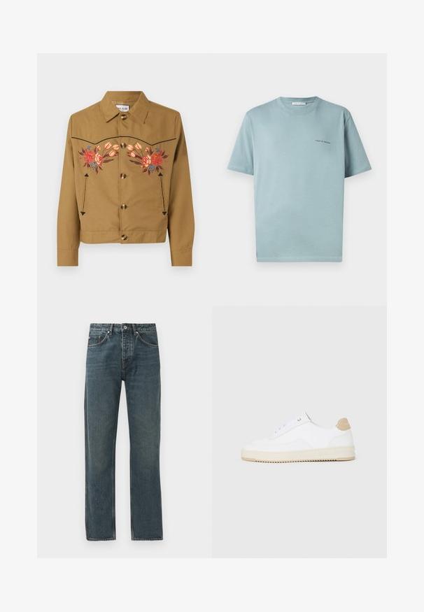 Veste en coton marron avec des broderies florales en rose, rouge et bleu. Elle possède un col, une fermeture à boutons à l'avant et deux poches latérales.; T-shirt en coton bleu clair avec un col rond, des manches courtes et un petit logo "TIGER OF SWEDEN" sur la poitrine gauche. Texture lisse.; Jeans en denim bleu foncé avec une coupe droite, dotés de cinq poches, d'une fermeture à bouton et de détails de surpiqûres contrastants.; Baskets basses blanches avec un dessus en cuir texturé, semelle crémée à stries, et accent de talon tan. Présente des lacets blancs et un logo sur le talon.