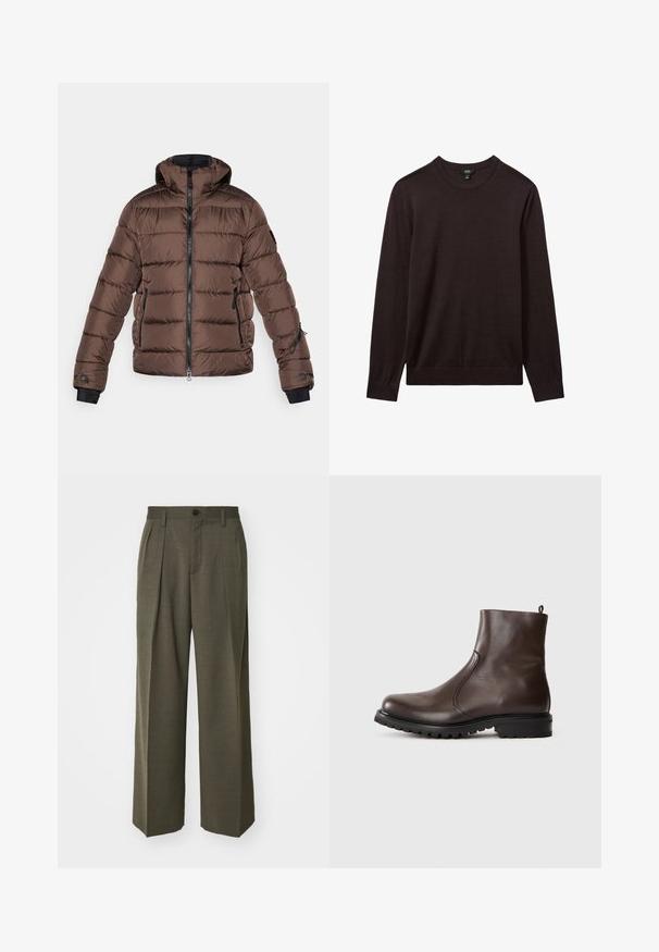 Brun pufjakke med hætte, der har en lynlåsåbning foran, sorte detaljer, sidelommer og quiltet tekstur. Elastiske manchetter for pasform.; Reiss Striktrøje - dark bordeaux; Filippa K WIDE TROUSERS - Bukser - driftwood; Brun læder ankelstøvle med en glat tekstur, elastiske sidepaneler, trækflig bagpå og en robust gummisål.