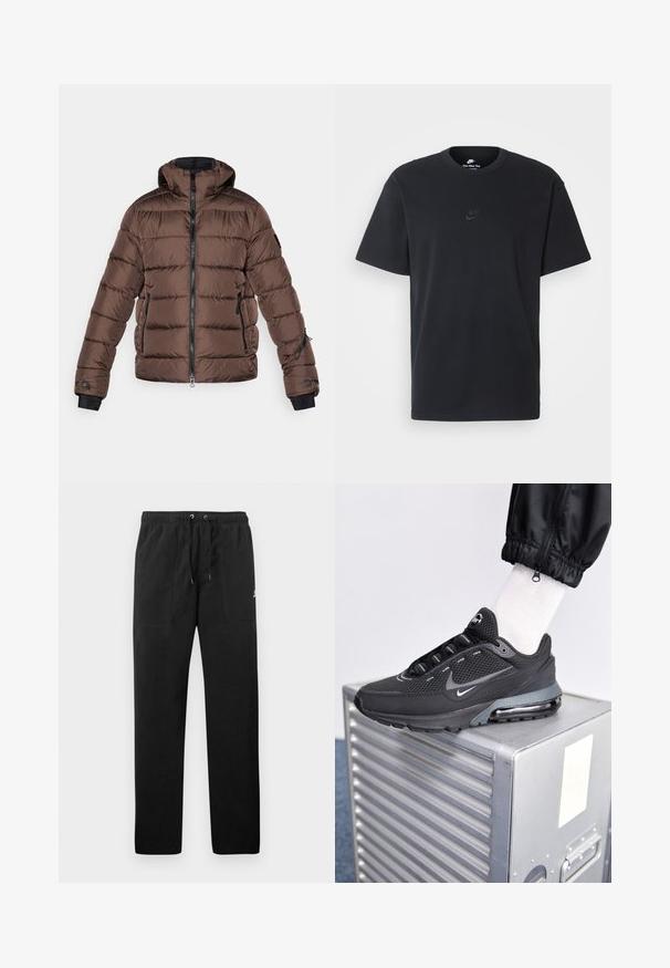 Brązowa puchowa kurtka z kapturem, z zamkiem z przodu, czarnymi akcentami, bocznymi kieszeniami i pikowanym wzorem. Elastyczne mankiety dla lepszego dopasowania.; Czarny bawełniany t-shirt Nike z klasycznym okrągłym dekoltem, krótkimi rękawami oraz subtelnym, wytłoczonym logo na piersi. Gładka tekstura.; Czarne spodnie dresowe z polaru, z elastycznym paskiem w talii ze sznurkiem, dwiema przednimi kieszeniami oraz małym logo na udzie.; Nike Sportswear PULSE czarny