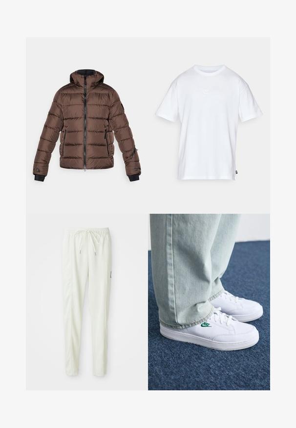 Braune Daunenjacke mit Kapuze, ausgestattet mit einem Reißverschluss vorne, schwarzen Akzenten, Seitentaschen und gestepptem Textil. Elastische Bündchen für eine gute Passform.; Weißes Baumwoll-T-Shirt mit kurzen Ärmeln und Rundhalsausschnitt. Verfügt über ein kleines, dezentes Nike-Logo auf der Brust und ein seitliches Etikett.; Weiße, körpernahe Jogginghose mit elastischem Bund und Kordelzug, ausgestattet mit seitlichen Nähten und einem kleinen schwarzen Patch am rechten Bein.; Weiße Leder-Sneaker mit grünem Nike-Logo, runde Zehenpartie, flache Sohle, kombiniert mit hellblauen Jeans, präsentiert auf einem blauen Teppich.