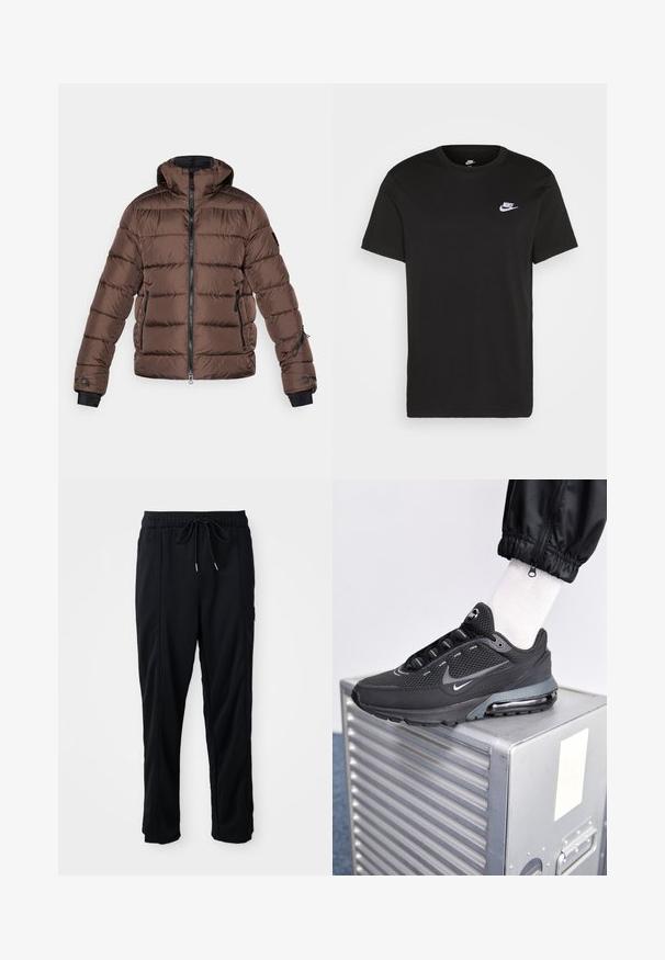 Braune Daunenjacke mit Kapuze, ausgestattet mit einem Reißverschluss vorne, schwarzen Akzenten, Seitentaschen und gestepptem Textil. Elastische Bündchen für eine gute Passform.; Schwarzes Baumwoll-T-Shirt mit kurzen Ärmeln, Rundhals und kleinem weißem Nike-Logo auf der oberen linken Brust. Glatte Textur. Klassische Passform.; Schwarze lässige Hosen mit Kordelzug und seitlichen Eingrifftaschen sowie geradem Bein auf einem einfarbigen Hintergrund.; Nike Sportswear PULSE - Sneaker low - black/anthracite