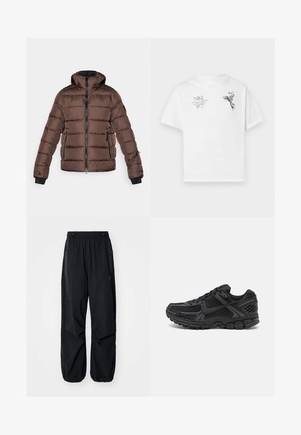 Rudas pūkinis švarkas su kapuce, su užtrauktuku priekyje, juodais akcentais, šoninėmis kišenėmis ir sagų tekstūra. Elastinės rankogaliai, užtikrinantys gerą prigludimą.; Balta medvilninė marškinėlių su apvaliu kaklu ir trumpomis rankovėmis, ant kurios yra juodas grafikas sparnuoto figūros ir tekstas.; Juodos lengvos krovininės kelnės su elastinga juosmeniu, šoninėmis užtrauktukais ir erdviomis kišenėmis. Turi laisvą prigludimą ir siaurėjančius rankogalius.; Juoda sportinė avalynė su tinklelio viršumi, guma padu ir tekstūruotomis detalėmis. Dizainas apima išryškintą raištelių sistemą ir paminkštintą padą.