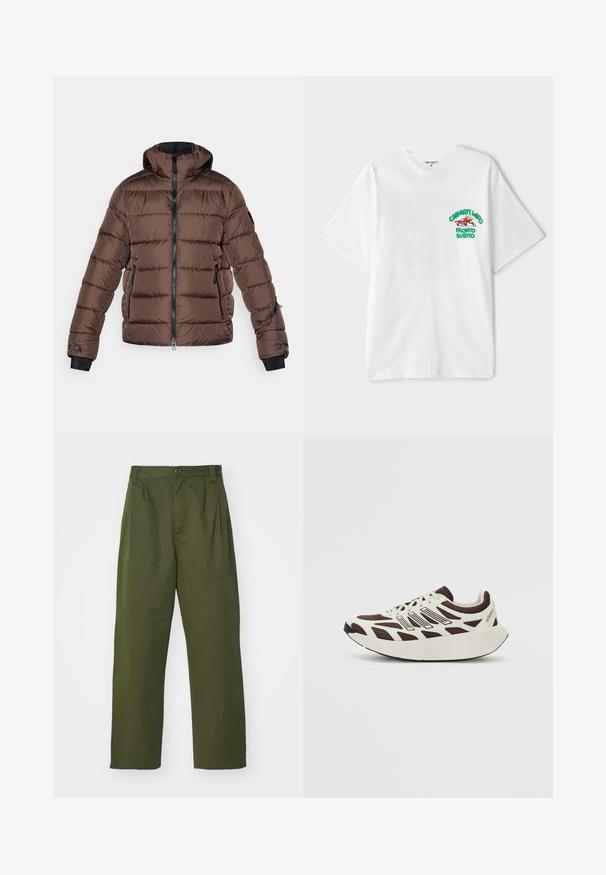 Hnedá páperová bunda s kapucňou, so zipsom na prednej strane, čiernymi akcentmi, bočnými vreckami a prešívanou textúrou. Elastické manžety pre lepšie prispôsobenie.; Biela bavlnená tričko s grafickým textom v zelenej a červenej farbe na ľavej strane hrudníka, ktorý znie "cashart Who Pronto Subito." Krátke rukávy.; Olivové vysoké nohavice s rovnými nohavicami. Vyrobené z ľahkej látky, s prednými skladmi a zapínaním na gombík.; Hnedo-kremová teniska so sieťovaným zvrškom, štruktúrovanými prekrytiami a zaoblenou, hrubou bielou podrážkou. Obsahuje nízkoprofilový jazyk a šnúrky.