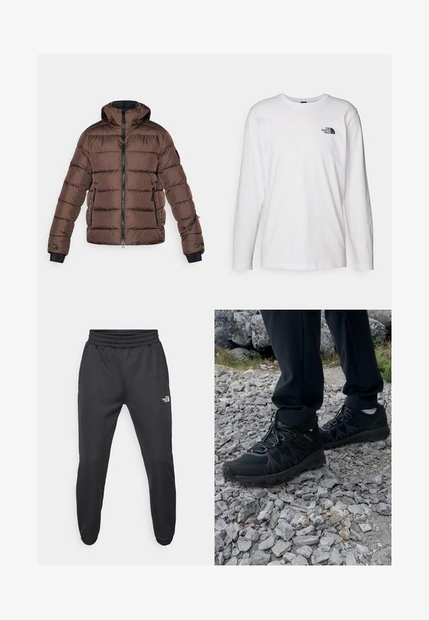 Chaqueta de plumas marrón con capucha, con un frente con cremallera, acentos negros, bolsillos laterales y textura acolchada. Puños elásticos para un mejor ajuste.; Camiseta de manga larga blanca de algodón con cuello redondo. Presenta un pequeño logotipo negro en el pecho. Textura suave, corte regular.; Pantalones deportivos negros con cintura ajustable mediante cordón, corte tapered, puños elásticos y un pequeño logo blanco en el muslo izquierdo, fabricados en tejido suave.; Zapatos exteriores negros con malla y material sintético, que presentan un upper texturizado, un sistema de cordones seguro y una suela robusta, sobre terreno rocoso.