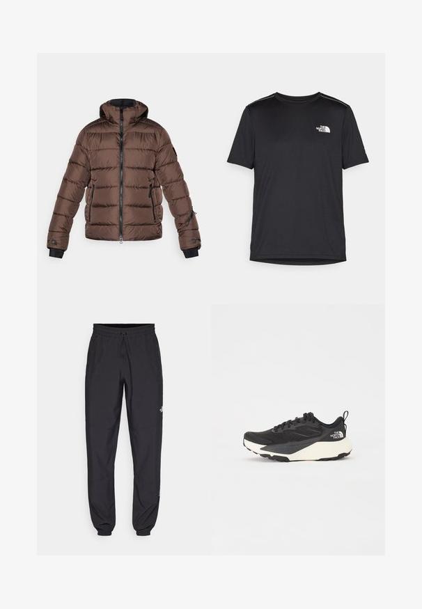 Casaco puffer castanho com capuz, apresentando um fecho éclair frontal, detalhes pretos, bolsos laterais e textura acolchoada. Punhos elásticos para um ajuste perfeito.; T-shirt preto de manga curta feito de um tecido leve. Apresenta um pequeno logo branco ao lado esquerdo do peito e detalhes subtis nos ombros.; Calças atléticas pretas feitas de tecido leve, com um cós ajustável por cordão, bolsos laterais e punhos afunilados nos tornozelos.; Sapatilha atlética preta com parte superior em malha texturada, detalhes pretos sólidos e sola leve branca. Apresenta fecho com atacadores e alça de puxar.