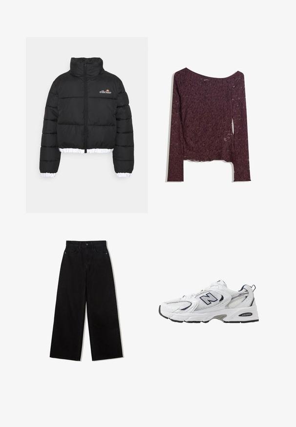 Fekete puffermellény magas gallérral, rövidített fazonban és bordázott fehér alján. Cipzáras eleje és ellesse logó található a mellrészen.; Csipkés, hosszú ujjú blúz sötét bordó színben, váll nélküli kivágással, virágmintával és enyhén áttetsző textúrával, egyenes szegéllyel.; Fekete, bő szárú farmernadrág magas derekú fazonnal, öt zsebes kialakítással és egy gombos záródással elöl.; Fehér sportcipő hálós felsőrészével, sötétkék kiegészítőkkel és párnázott talppal. Jellemzője az "N" logó, a fűzők és a textúrázott részlet az oldalon.