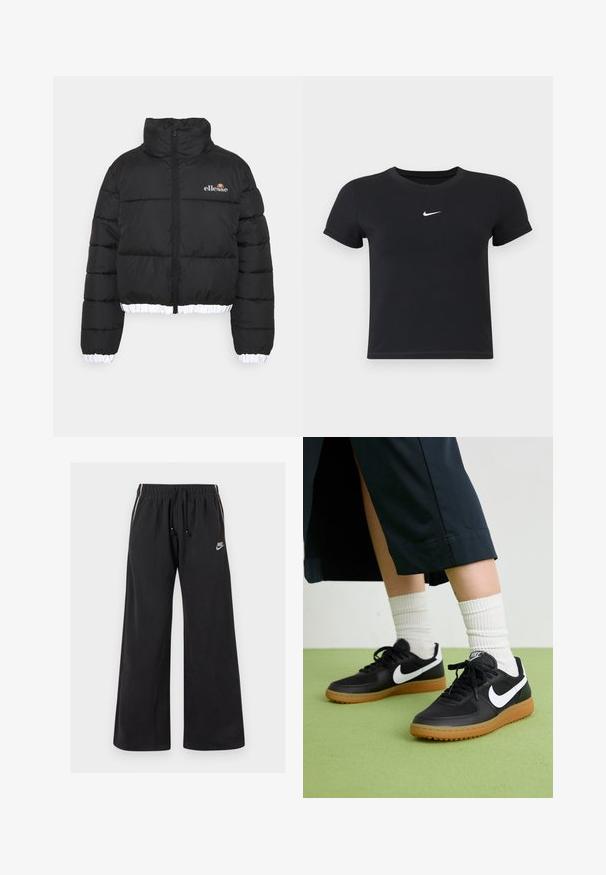 Black puffer jacket with a high collar, cropped design, and ribbed white hem. Features a zip front and ellesse logo on the chest.; Black short-sleeve t-shirt made of cotton with a round neckline. Features a white Nike logo on the chest, minimalistic design, and fitted shape.; Black sweatpants made of soft fabric, featuring an elastic waistband with a drawstring, side stripes, and a small logo on the front left.; Black leather and synthetic sneakers with white Nike swoosh, rubber gum sole, round toe, and black laces. Ribbed white socks visible.