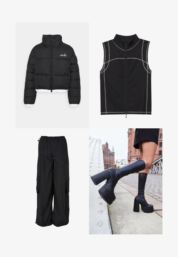 Mustalla puffer-takilla, jossa on korkea kaulus, lyhyt malli ja ribattu valkoinen helma. Varustettu vetoketjulla edessä ja ellesse-logolla rinnassa.; Mustat hihattomat liivit, jotka on valmistettu sileästä kankaasta. Ne sisältävät hopeisia ompeleita ja edessä on vetoketjukiinnitys. Mallissa on korkea kaulus.; Mustat cargo-housut joustavalla vyötärömarkalla, väljä istuvuus, kevyet kankaat, sivutaskut ja hienovarainen tekstuuri.; Mustat polvipituiset korkeat saappaat, jotka on valmistettu sileästä nahasta. Saappaissa on paksut neliönmuotoiset korot ja tyylikäs muotoilu, joka on asetettu kaupunkitaustan eteen.