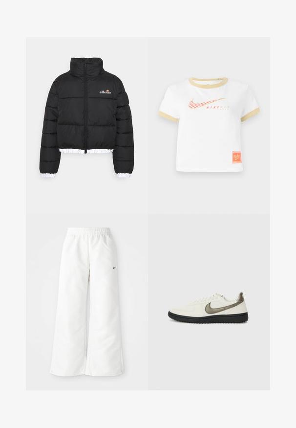 Casaco puffer preto com gola alta, design encurtado e bainha branca canelada. Apresenta um fecho de correr à frente e o logótipo da ellesse no peito.; Camiseta branca com detalhes em dourado, apresentando um logótipo Nike swoosh em padrão xadrez vermelho, texto "NIKE AIR" e uma pequena etiqueta laranja da Nike na bainha.; Calças atléticas brancas com um design de perna larga, faixa elástica na cintura e um pequeno logótipo preto da Nike no lado esquerdo. Material suave e leve.; Nike Sportswear FIELD GENERAL - Sapatilhas - off-white/black