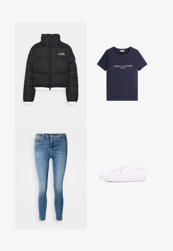 Czarna puchowa kurtka z wysokim kołnierzem, skróconym krojem i prążkowanym białym dołem. Posiada zamek z przodu oraz logo ellesse na piersi.; Granatowy T-shirt z krótkim rękawem, okrągłym dekoltem oraz białym napisem "Tommy Hilfiger EST. 1985" i logo na przodzie.; Chude jeansy wykonane z jasnoniebieskiego denimu, z przecieranym wykończeniem, pięcioma kieszeniami, jednorożnowym zamkiem błyskawicznym i metalowym zapięciem na guzik. Brak widocznych przetarć.; Białe płócienne sneakersy z złotymi oczkami, płaskimi sznurowadłami, teksturowaną gumową podeszwą i minimalnym logo po bokach. Niska sylwetka.
