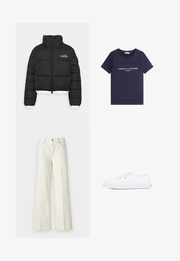 Mustarjakas musta puhvjakki kõrge kraega, lühikese disainiga ja ribakujulise valge äärega. Omab tõmblukk ees ja ellesse logo rinna peal.; Tumesinise lühikeste varrukatega T-särk ümmarguse kaelusega, millel on ees valge tekst ja logo "Tommy Hilfiger EST. 1985".; Laiad valged teksad, mis on valmistatud puuvilla segust. Omavad lukuga eesmist sulgemist, viie taskuga disaini ning õmblusi pükste saemetes.; Valge kangast tennisemüts kuldsete silmadega, lame pael ja tekstureeritud kummist talla, minimaalse brändimisega küljel. Madala profiiliga disain.