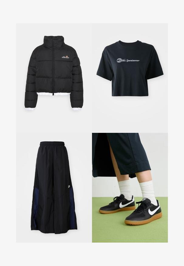Mustarjakas musta puhvjakki kõrge kraega, lühikese disainiga ja ribakujulise valge äärega. Omab tõmblukk ees ja ellesse logo rinna peal.; Lühikeste varrukatega must puuvillane t-särk, millel on ees valge tekst "Vice Sportswear" ja ringikujuline graafika.; Mustad laiad mustad püksid kergest kangast, millel on tumesinine külgpaneel ja elastne vöökoht. Väike valge logo allservas.; Mustad nahast ja sünteetilised sneekerid valge Nike logoga, kummist gumme, ümar nina ja mustad paelad. Näha ribakujulisi valgeid sokke.