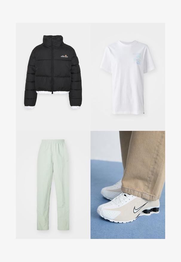 Μαύρο αμάνικο μπουφάν με ψηλό γιακά, cropped σχεδίαση και ριγωτό λευκό τελείωμα. Διαθέτει άνοιγμα με φερμουάρ μπροστά και λογότυπο της ellesse στο στήθος.; Λευκό βαμβακερό t-shirt με κοντά μανίκια, που διαθέτει ένα ανοιχτό μπλε γραφικό ενός φοίνικα και κυμάτων στην αριστερή περιοχή του στήθους.; Ανοιχτό πράσινα, ελαφριά παντελόνια με ελαστική ζώνη. Σχεδίαση ίσιου ποδιού, με ελάχιστη υφή και διακριτική λεπτομέρεια λογότυπου.; Λευκά και μπεζ αθλητικά παπούτσια Nike με διάτρητο σχέδιο, μαύρο λογότυπο swoosh, υφή στην πάνω επιφάνεια και χαρακτηριστική ελαστική μαύρη φτέρνα.