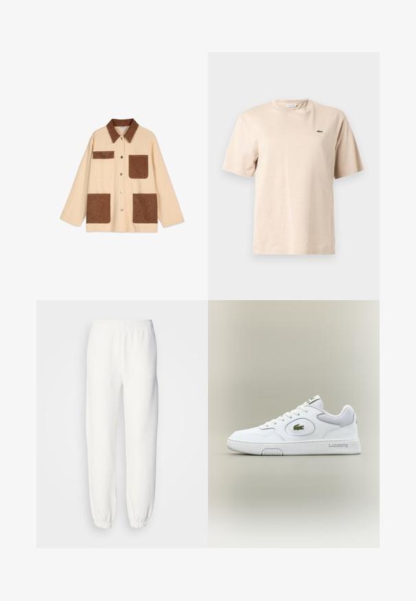 Bež jakna s smešnim filcanim džepovima i ovratnikom. Ima dugmad na pritiskanje; duge rukave; dva prednja džepa i jedan džep na prsima. Meki materijal.; Bež pamučna majica kratkih rukava s okruglim izrezom i malim zelenim izvezenim logotipom krokodila na lijevoj strani prsnog dijela.; Bijele dukserice od mekog, pletenog materijala. Elastična pojas i manžetne pružaju opuštenu siluetu. Minimalistički dizajn, bez vidljivih uzoraka ili detalja.; Bijele kožne tenisice s mrežastim detaljima, okruglim vrhom i ravnim vezicama. Imaju zeleni krokodil logo i "LACOSTE" marku na peti.