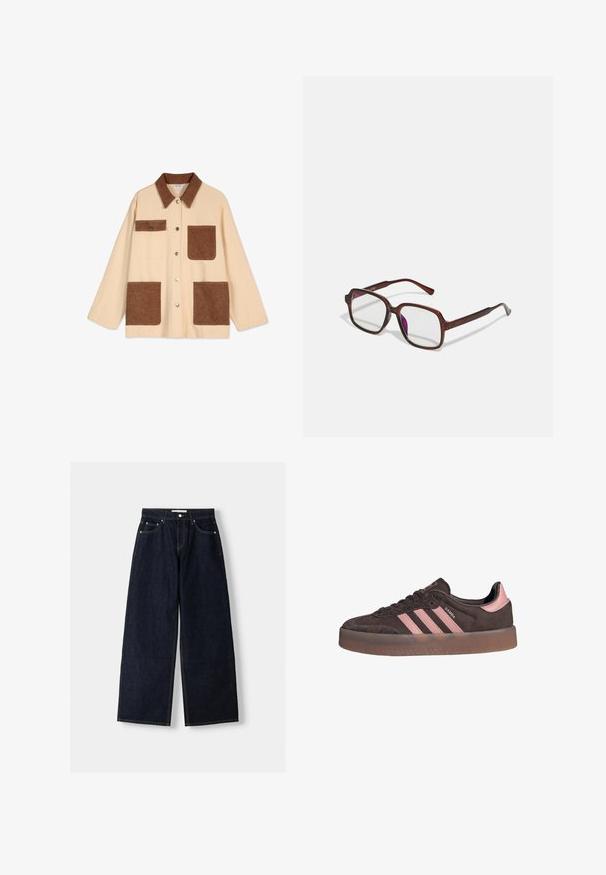 Beige jacka med bruna filt-fickor och krage. Har tryckknappar; långa ärmar; två framfickor och en bröstficka. Mjuk textur.; Fyra enkla kortärmade t-shirts med rund hals i svart, dammig rosa, ljusgrå och vit, arrangerade överlappande mot en vit bakgrund.; Mörkblå denim med vida ben och hög midja, fem fickor, kontrastsömmar och silverfärgad metalldetaljer. Slät textur och ren finish.; Bruna mockaskor med rosa tre ränder och hälaccent. Har en rund tå och en texturerad gummisula med en genomskinlig kant.; Bruna, rektangulära glasögon med genomskinliga linser och lila toning. Slät plastbåge med raka skalmar och subtila detaljer.