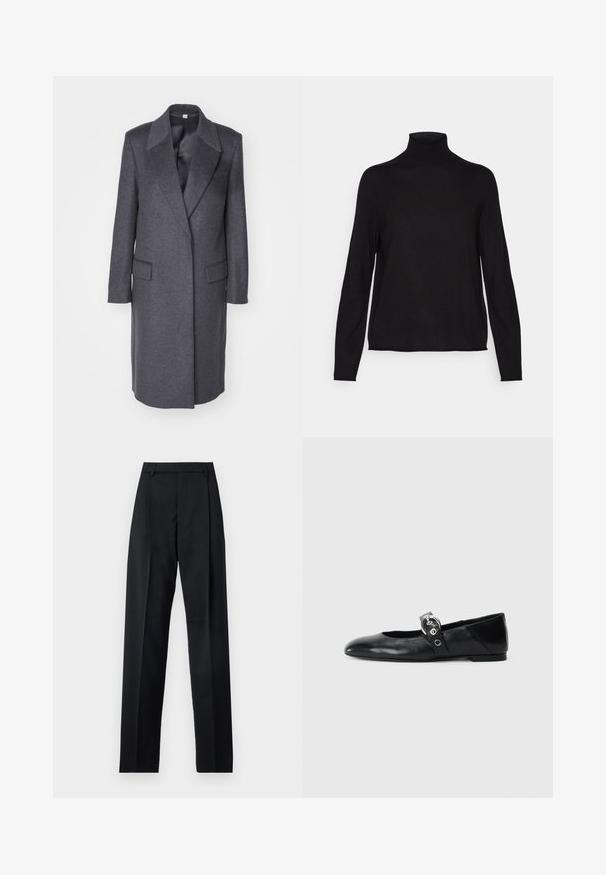 Šedý kabát z vlněné směsi s přiléhavým střihem, klopovými límci, klopovými kapsami a rovnou siluetou, s hladkým vnitřním podšívkou.; Černý rolák vyrobený z měkké, pružné tkaniny s dlouhými rukávy a volným střihom. Hladká textura, minimalistický design, žádné vzory.; Černé kalhoty vyrobené z hladké tkaniny, vybavené vysokým pasem, širokými nohavicemi, předními záhyby a klasickými poutky na opasek. Nejsou viditelné boční kapsy.; Černé kožené baletní střevíce s špičatou špičkou, vybavené páskem s kruhovou kovovou přezkou a plochou podrážkou.