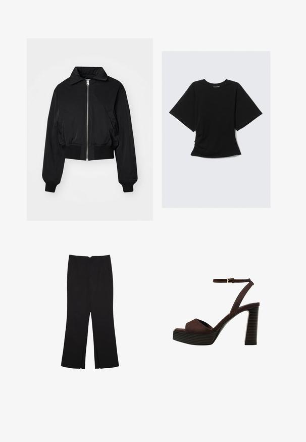 Weekday PADDED JACKET - Bomberjakke - black; Sort oversized kortærmet t-shirt med rund hals og en let figursyet talje imod en ensfarvet lys baggrund.; Sorte bukser med lige pasform, der har frontlommer og slidser i kanten. Lavet af blødt, glat stof. Velegnet til forskellige anledninger.; Brune ruskinds højhælede sandal med åben tå, justerbar ankelrem og en stribet plade sål.