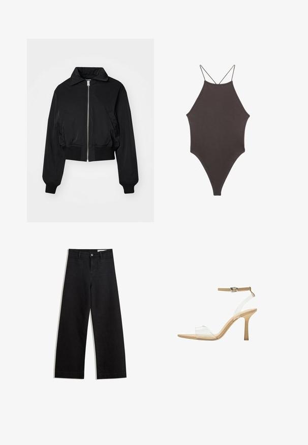 Weekday PADDED JACKET - Bomber Jacket - black; Brown, high-neck one-piece swimsuit with thin, adjustable straps; features a high-cut leg and smooth texture. No patterns or embellishments.; Black wide-leg denim pants with a high waist, featuring front and back pockets, stitched seams, and a button closure. Smooth texture.; Clear heeled sandal with a transparent upper, beige footbed, and a slender ankle strap. Features a pointed toe and a thin high heel.