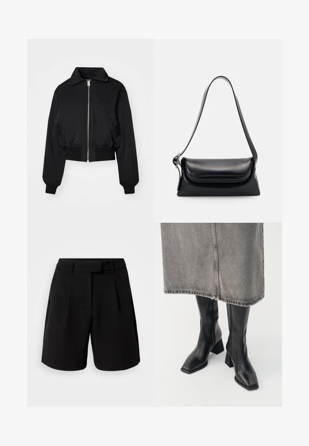 Weekday PADDED JACKET - Giubbotto Bomber - black; Top corto nero a coste con scollo rotondo e design senza maniche. Realizzato in un tessuto elastico e testurizzato. Etichetta con la scritta "Urban Classics."; Shorts neri su misura, realizzati in tessuto liscio, caratterizzati da una vita alta, pieghe, passanti per cintura e tasche laterali, con un design pulito.; Stivali neri al ginocchio in pelle liscia con punta squadrata e tacco a blocco. Indossati con una gonna in denim grigia con orlo sfilacciato.; Borsa a tracolla nera in pelle con una forma strutturata, una texture liscia e una singola tracolla. Presenta un design a patta arrotondata e discreta.