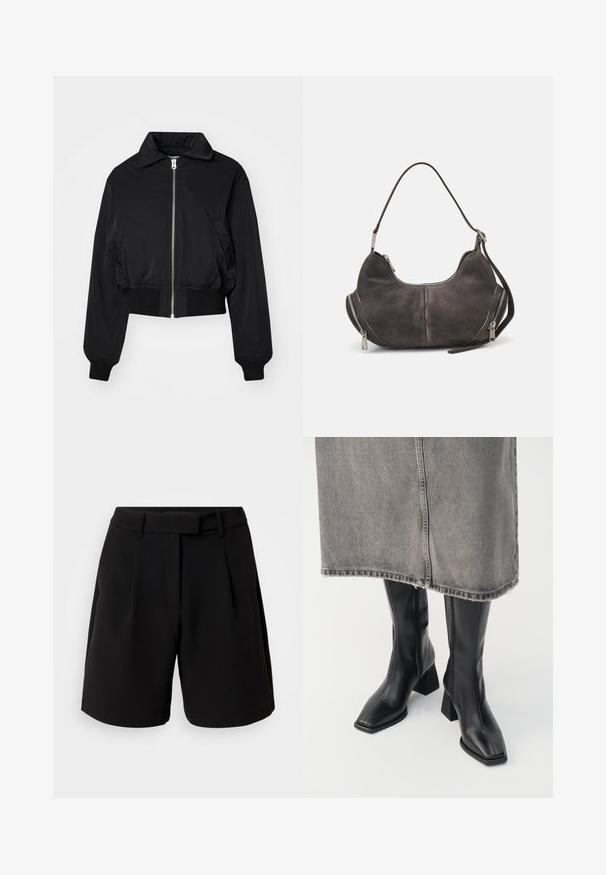 Weekday PADDED JACKET - Giubbotto Bomber - black; Top corto nero a coste con scollo rotondo e design senza maniche. Realizzato in un tessuto elastico e testurizzato. Etichetta con la scritta "Urban Classics."; Shorts neri su misura, realizzati in tessuto liscio, caratterizzati da una vita alta, pieghe, passanti per cintura e tasche laterali, con un design pulito.; Stivali neri al ginocchio in pelle liscia con punta squadrata e tacco a blocco. Indossati con una gonna in denim grigia con orlo sfilacciato.; Borsa hobo in suede grigio scuro con forma curva, manico superiore e zip laterali con tiranti in metallo. Texture liscia e dettagli di cucitura ben visibili.