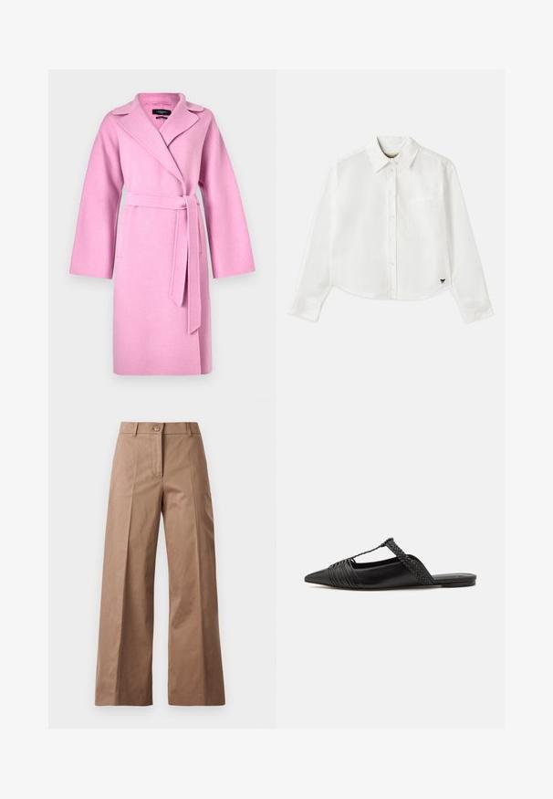 Lyserød uldblandingskappe med lange ærmer, v-formet krave, bindebælte i taljen og to forlommer. Glat tekstur og knælangt design.; Hvid cropped langærmet skjorte lavet af bomuld. Har en knaplukning foran, en brystlomme og et lille sort logo nederst til venstre.; Brune bredde bukser lavet af et glat stof, med en frontknaplukning, to frontlommer og rene, skræddersyede linjer.; Sort læderslyngeback sko med spids tå, der har en vævet detalje og en plisseret overdel. Flad sål med minimal hardware.