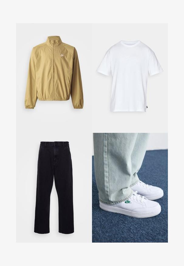 Heledu tan värvi tuulepüüdja jakk, millel on tõusva kaelusega, täispikk lukku, elastsete mansettidega, küljetaskud ja väike valge logo rinnal.; Valge puuvillane t-särk lühikeste varrukatega ja ümmarguse kaelusega. Sellega on kaasas väike, tagasihoidlik Nike logo rinnal ja külgmine silt.; Mustad denimitüüpi püksid otse lõikega, varustatud nööbi ja tõmbluku kinnitusega, vöörihmadega ning minimaalsete õmbluse detailidega.; Valged nahast tennisetossud rohelise Nike logo ja ümarate varvastega, lamedate taldadega, koos helesiniste teksapükstega, esitatud sinisel vaibal.