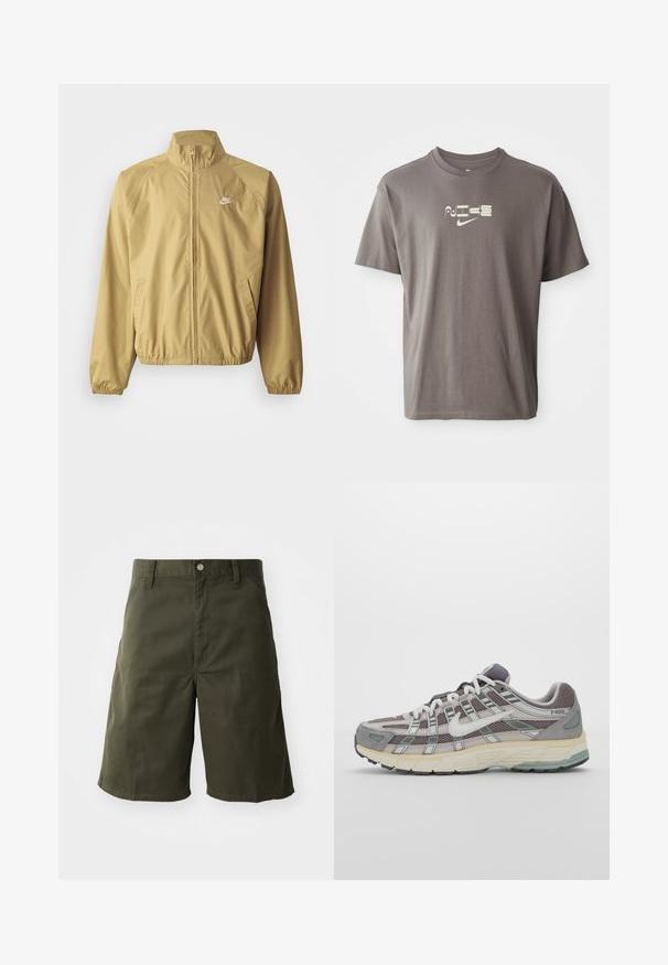 Jasno brązowa kurtka przeciwwiatrowa z stójką, pełnym zamkiem błyskawicznym, elastycznymi mankietami, bocznymi kieszeniami oraz małym białym logo na klatce piersiowej.; Brązowa koszulka z krótkim rękawem z jasnym logo "Nike" nadrukowanym z przodu, charakteryzująca się swobodnym, luźnym krojem.; Zielone bawełniane szorty o prostym kroju nogawki, z zapięciem na guzik i kieszeniami bocznymi. Gładka struktura, długość do kolan.; Szare buty sportowe z siateczkowym i zamszowym wierzchem, białymi akcentami, amortyzowaną podeszwą oraz charakterystycznym designem z elementami odblaskowymi.
