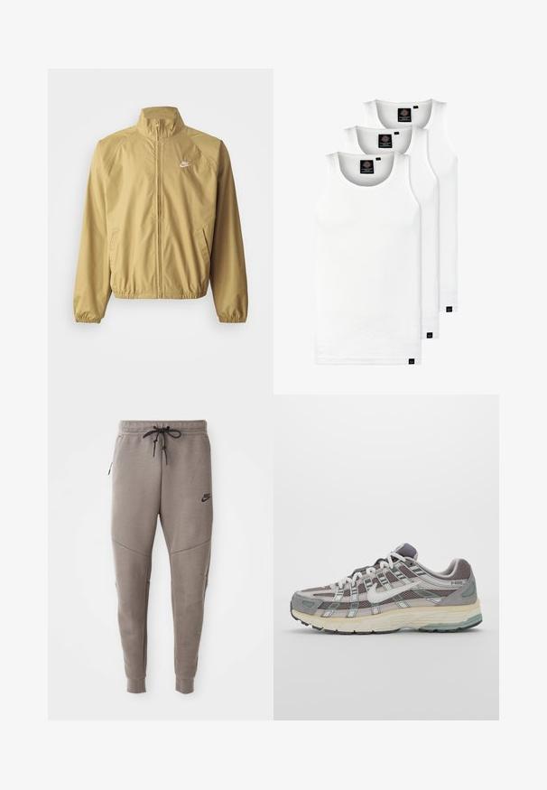 Jachetă de vânt de culoare bej deschis, cu guler în picioare, fermoar complet, manșete elasticizate, buzunare laterale și un mic logo alb pe piept.; Trei maieuri albe ribbate din bumbac. Au un guler rotund și etichete negre mici lângă tiv. Disponibile în mai multe mărimi.; Pantaloni de trening gri Nike cu un braț de strângere la talie, picioare conice, buzunare laterale și detalii de cusătură distincte. Material moale, texturat.; Pantofii sport gri sunt realizați dintr-un amestec de plasă și piele întoarsă, cu accente albe, o talpă bine îmbrăcată și un design distinctiv cu elemente reflectorizante.
