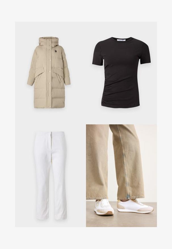 Blauer LENA - Sulemantel - arachide; Must have lühikeste varrukatega must T-särk, mis on valmistatud pehmest kangast, ümar kaelus ja vasakul küljel volangide detail annab ilusa tekstuuri.; Valged puuvillased püksid sirge lõikega, keskmise kõrgusega vöökoht ja ilma nähtavate detailide või mustriteta. Ühtlane sile tekstuur.; Valged sneakers, millel on beežist seemisnahast aksent, tasas lace-kinnitus ja kummist tallad, koos heledate beežide sirgete pükstega.