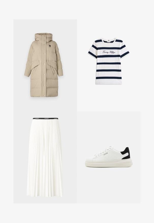 Blauer LENA - Sulemantel - arachide; Puuvillane T-särk horisontaalsete tumesiniste triipudega valgel taustal. Rinnal on kiri "Tommy Hilfiger" kantud kursiivis. Ümmargune kaelus.; Kurtitudega valge seelik musta elastse vööga, millel on "LACOSTE" logo. Keskmise pikkusega disain pehme tekstuuriga.; Valged nahast tennisetossud paksu valge tallaga, musta sametist kontsakeeuga ja külje peal riigilogo reljeefne kujundus. Lukkeskeem kuue silmaauguga.