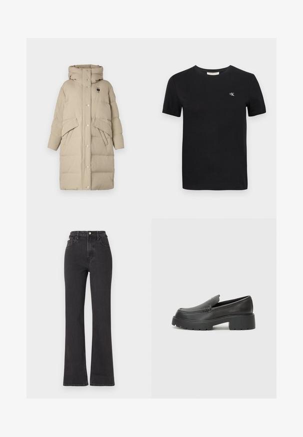 Blauer LENA - Páperový kabát - arachide; Čierne bavlnené tričko s klasickým okrúhlym výstrihom, krátkymi rukávmi a malým bielym vyšívaným logom "ck" na hrudi.; Čierne džíny s vysokým pásom a rozšírenými nohavicami vyrobené z denimu, s gombíkovým zapínaním, pútkami na opasok a bočnými vreckami. Hladká textúra s minimálnym ošúchaním.; Čierne kožené mokasíny s okrúhlou špičkou, hrubou textúrovanou podrážkou a minimom stehovej výzdoby. Štíhly dizajn bez viditeľných šnúr alebo kovania.