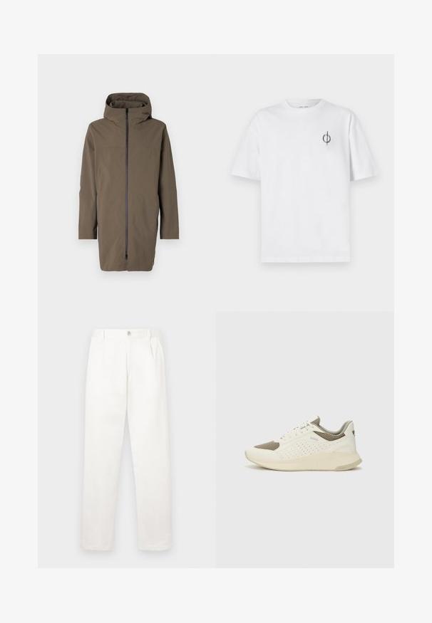 Hnědá mikina s kapucí, plným předním zipem, dlouhými rukávy a minimalistickým designem. Vyrobena z hladkého, lehkého, voděodolného materiálu.; Bílý bavlněný tričko s volným střihem, které má malé černé grafické logo na levé straně hrudi. Krátké rukávy, kulatý výstřih.; Bílé kalhoty vyrobené z hladké tkaniny, s rovnými nohavicemi, předními sklady a jedním knoflíkem na zavírání v pase.; Bílé a světle béžové atletické tenisky, které mají síťovaný svršek, perforované detaily a texturovanou mezipodešev s logem na patě.