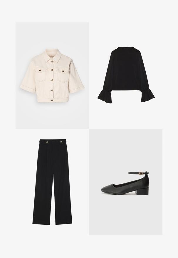 Izgriezta bežīga denima jaka ar īsām piedurknēm, divām krūšu kabatām, misiņa pogām un diskrētām šuvju detaļām.; Melna garām piedurknēm krekls ar izplestu aproču, maigu tekstūru un brīvu piegriezumu, ar vienkāršu apaļu dekoltē.; Melnas platās bikses ar augstu jostasvietu, pogu detaļām uz jostas un priekšējām krokām.; Melnas ādas sūkņi ar smailu purngalu un zemu bloku papēdi. Iezīmēts ar potītes siksniņu ar zelta krāsas sprādzi. Gluda tekstūra.