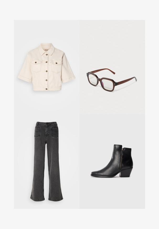Krótkie beżowe dżinsowe kurtki z krótkimi rękawami, dwoma kieszeniami na piersi, mosiężnymi guzikami i subtelnymi detalami w szyciu.; Czarny bezrękawnik z golfem, wykonany z gładkiego materiału. Dopasowany fason z wysoką szyją i prostym dołem, minimalistyczny i w jednolitym kolorze.; Czernęgowe jeansy z wysokim stanem i szerokimi nogawkami, wykonane z denimu, z zapięciem na guziki, szlufkami na pasek i dwiema tylnymi kieszeniami z przeszyciami.; Czarne skórzane botki za kostkę z ostro zakończonym noskiem, bocznym zamkiem błyskawicznym i grubym obcasem. Gładka faktura i minimalistyczny design.; Brązowe, przezroczyste, prostokątne okulary z przezroczystymi soczewkami, lekko fioletowym odbiciem i małymi złotymi dekoracyjnymi kropkami w przednich rogach.