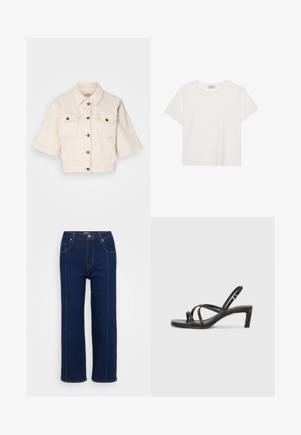 Krátka béžová džínsová bunda s krátkymi rukávmi, dvoma náprsními vreckami, mosadznými gombíkmi a diskrétnymi švovými detailmi.; Biele tričko s krátkymi rukávmi vyrobené z jemnej bavlny. Má okrúhly výstrih a voľný strih. Čistý dizajn bez viditeľných vzorov alebo akcentov.; Tmavomodré rovné džínsy so zapínaním na gombík, prednými a zadnými vreckami a viditeľným oranžovým prešívaním pozdĺž švov.; Čierne sandále na vysokom podpätku so štvorcovou špičkou a nízkym blokovým podpätkom. Obsahujú viacero tenkých popruhov a nastaviteľný členkový popruh. Vyrobené z hladkej kože.