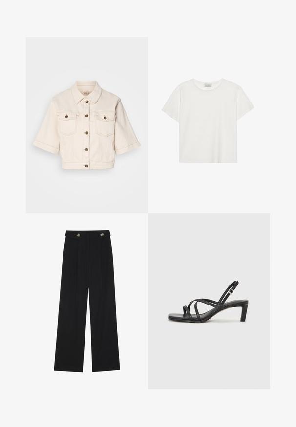 Kratší béžová džínová bunda s krátkými rukávy, dvěma náprsními kapsami, mosaznými knoflíky a jemnými švy.; Bílé tričko s krátkým rukávem vyrobené z měkké bavlny. Má kulatý výstřih a volný střih. Čistý design bez viditelných vzorů nebo akcentů.; Černé široké kalhoty s vysokým pasem, detailní knoflíky na pase a přední záhyby.; Černé sandály na tenkém podpatku se čtveratou špičkou a nízkým blokovým podpatkem. Mají několik tenkých popruhů a nastavitelné zapínání okolo kotníku. Vyrobeny z hladké kůže.