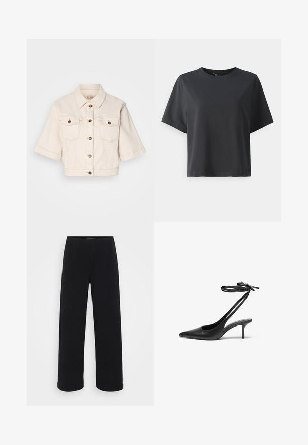 Jachetă de denim bej scurtă, cu mâneci scurte, două buzunare la piept, butoane din alamă și detalii subtile de cusătură.; Tricou negru din bumbac, mâneci scurte, guler rotund, croială lejeră, textură netedă, design simplu, fără modele sau accente.; Pantaloni negri cu picior larg, având un baret elastic. Confecționați dintr-un material texturat, cu un croi lejer și linie dreaptă de la șolduri până la tiv.; Pantof de stiletto din piele neagră, cu vârf ascuțit, spate deschis și curele pentru gleznă legate în fundă. Toc subțire de 3 inci. Textură netedă, design minimalist.