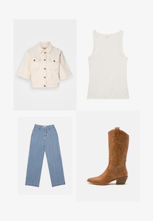Kuttet beige denimjakke med korte ermer, to brystlommer, messingknapper og subtile sømdetaljer.; Hvit bomullstopp med vid halsutskjæring og tynne skulderstropper. Glatt tekstur uten synlige mønstre eller dekorasjoner.; Lys blå vide jeans laget av denim. Har høy livlinje, knapplukking og synlige sømmer. Ingen lommer er synlige foran.; Brune lær cowboy støvel med spiss tå, broderte svirvlende mønstre på skaftet og en stablet blokk hæl. Har en trekksløyfe for enkel påkledning.