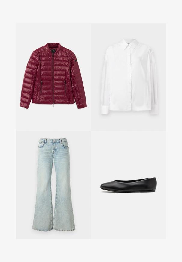 Bordová prešívaná bunda s predným zipsom, stojačikom, dvojicou bočných vreciek a hladkým, lesklým nylonovým povrchom. Horizontálne prešívaný dizajn.; Biela košeľa s dlhým rukávom vyrobená z hladkej bavlnenej zmesi. Má klasický golier, predné zapínanie na gombíky a zaoblené manžety.; Svetlomodré rozšírené džínsy z denimu, s vysokým pásom, vreckami a rozstrapkanými okrajmi. Tkanina má vyblednutý vzhľad a jemnú textúru.; Paul Smith TOPANGA - Balerínky - black