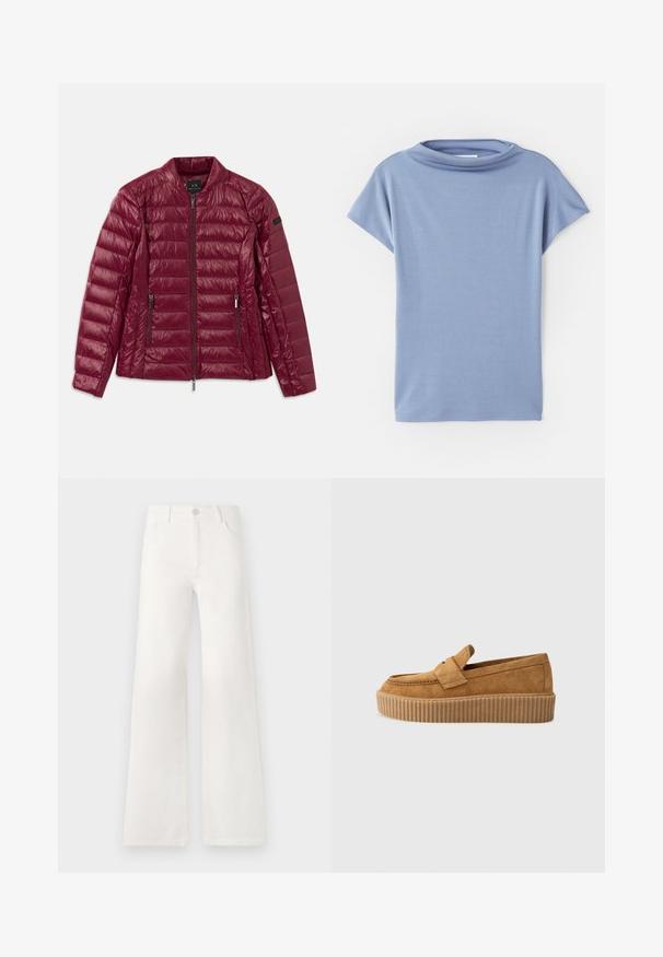 Burgundi színű, steppelt dzseki, cipzáros elejével, állógallérral, két oldalsó zsebbel és sima, fényes nylon anyaggal. Vízszintes steppelt mintázat.; Világoskék, rövid ujjú felső, puha anyagból készült. Kerek nyakkivágása és laza szabása van, tiszta szegélyekkel és minták nélkül.; Fehér, magas derekú, bő szabású farmernadrág. Gombos záródással, két elülső zsebbel és oldalsó varrásokkal rendelkezik, amelyek varrási részleteket tartalmaznak.; Barna velúr lódon, kerek orral, bordázott platform talppal és díszes pánttal a felső részen.