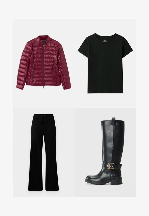 Burgundi värvi vooderdatud jakk, millel on tõmblukk, seisva kraega, kaks külge taskut ja sile, läikiv nailonist tekstuur. Horisontaalne tikandikujundus.; Must have lühikeste varrukatega must T-särk, mis on valmistatud puuvillast. Omab ümarat kaelaauku ja sissepressitud "Armani Exchange" teksti õlavarre pikkuses. Lihtne disain.; Musthave laiad mustan värvi dressipüksid, millel on reguleeritav vöökoht, külgedel lõhikud, pehme kangas ja elegantne disain.; Mustad muste nahast saapad, mis ulatuvad põlvedeni, madala plokk-kandaga, kaunistatud kullavärvi pihustiga ümbritsetud ja ülevalt tõmmitsaga.