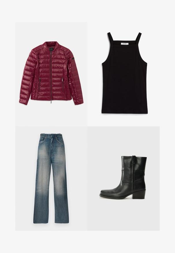 Burgundska podložena jakna z zadrgo spredaj, stoječim ovratnikom, dvema stranskima žepoma in gladko, sijočo najlonovo teksturo. Horizontalna prešita zasnova.; Črna majica brez rokavov z tankimi naramnicami, izdelana iz rebrastega materiala, z ravnim krojem in oznako na ovratniku z napisom "IVY OAK."; Široke denim hlače v srednji modri barvi, ki imajo zbledel slog, strgan rob in kontrastne šive. Oblika z petimi žepi in visok pas.; Črne usnjene gležnjarje z zaobljenim nosom, blok peto, stransko zadrgo in šivanjem na vampu. Gladka tekstura, klasična zasnova.